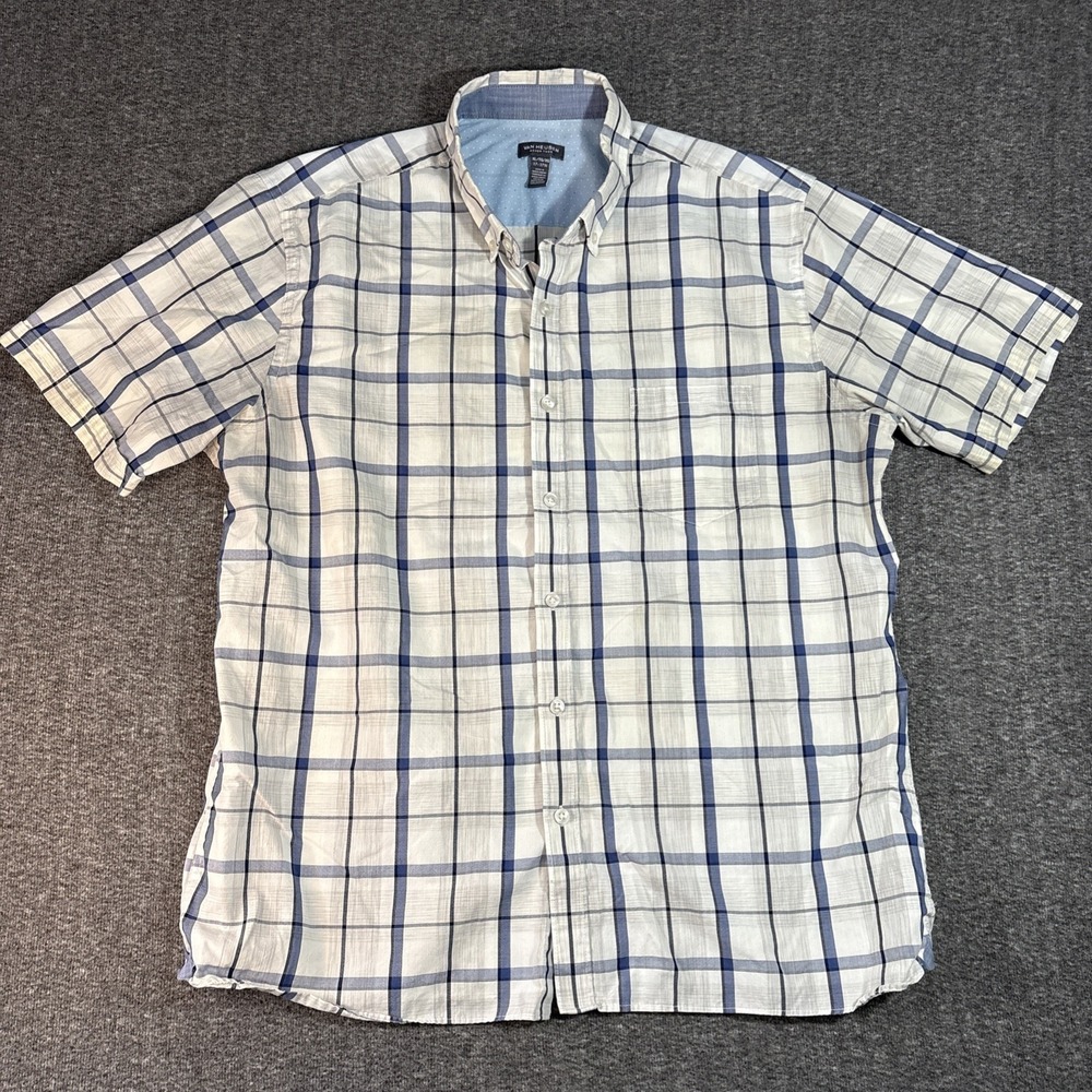 Van Heusen Mens Blue & White Plaid Short Sleeve Never Tuck Dress Shirt XL